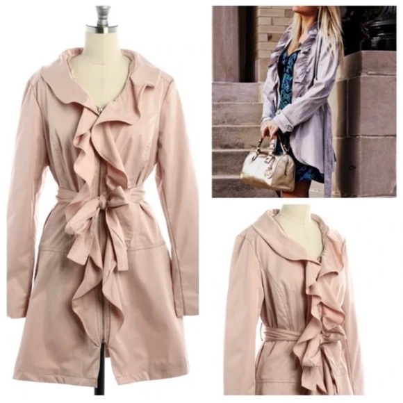 Cynthia Rowley Light Pink Ruffled Trench Coat - Picture 1 of 10